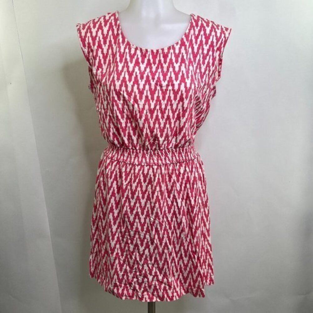 Loft Dress XS Barbie Pink White Chevron Fit Flare Aline Casual Geometric Stripe